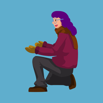 A cheerful cartoon woman with purple hair and glasses kneels while holding yellow gloves, dressed in warm winter clothing.
