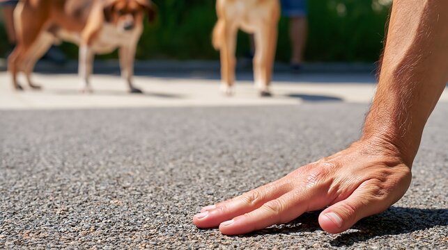 Close-up of a person touching hot pavement with a hand while dogs wait in the background, demonstrating a simple asphalt heat check before a summer dog walk