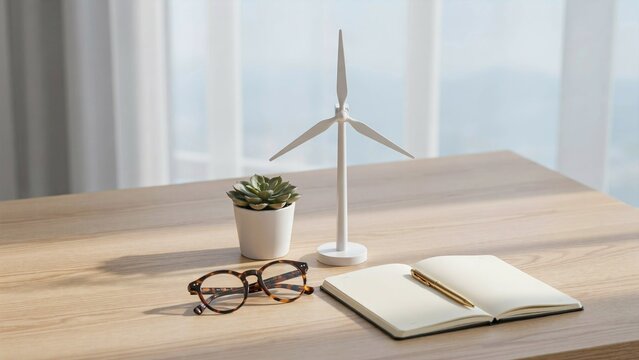 Miniature white wind turbine model stands on wooden desk surface alongside open notebook pen and glasses in bright natural lighting