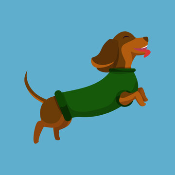 A cheerful cartoon dachshund wearing a green sweater leaps energetically against a bright blue background.