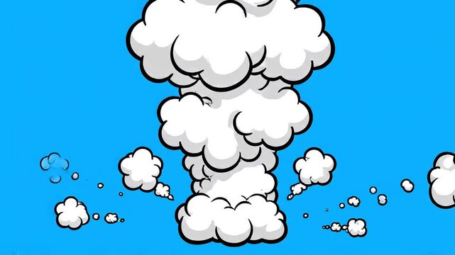 Animated explosion cloud growing with smoke and debris against a blue sky background