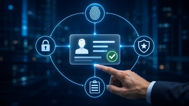 Finger touching virtual identity card interface displaying multi-factor authentication concepts with fingerprint lock shield and secure approval icons.