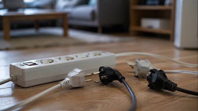 Household energy debt power strip with electric plug and extension cord on home floor, safety electricity cable, outlet, connector, wired system