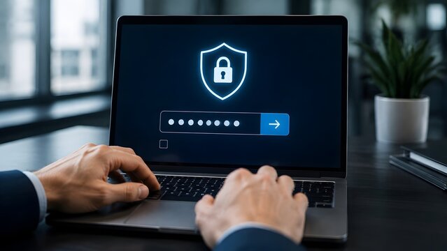 Hands typing on laptop computer keyboard with secure login password screen displaying glowing privacy shield and access control lock symbol.