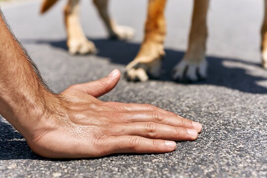 Close-up of a hand pressed against hot asphalt with a dog standing nearby, showing how pet owners can assess pavement heat before walking their dogs in summer