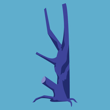 A stylized vector illustration of a bare dead tree with twisted branches, a broken limb, and gnarled roots on a light blue background.