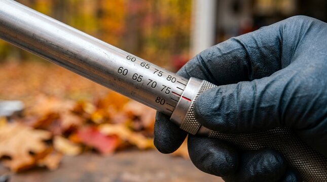 Mechanic adjusting torque wrench settings with gloved hand for seasonal automotive maintenance.
