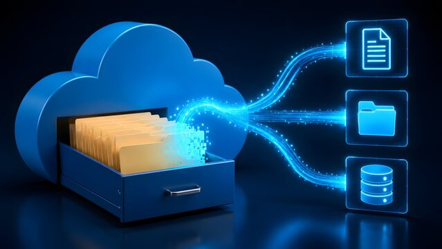 Cloud computing storage concept illustrating digital transformation with physical filing cabinet folders migrating data into holographic server icons.