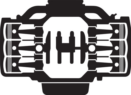 Six cylinder boxer engine schematic diagram showing pistons and connecting rods in flat silhouette vector illustration.