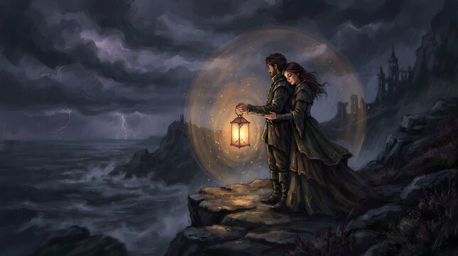 Dark fantasy digital illustration of a romantic couple on a stormy cliff. A glowing magic lantern creates a protective shield against the rain and lightning. Gothic romance concept.