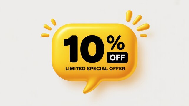 Bright yellow 3d speech bubble featuring the text 10 percent off limited special offer isolated on a clean white background, for retail marketing, and sales promotions