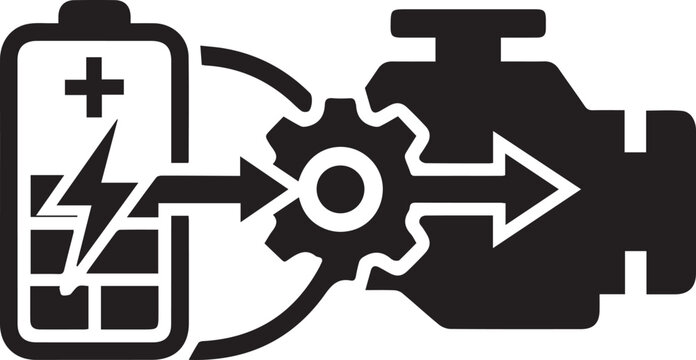 Hybrid engine system graphic with battery and motor components illustrates electric vehicle power flow in black and white style.