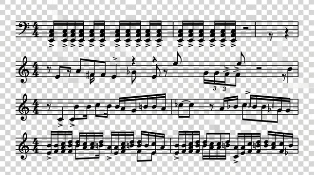 A collection of musical notation staves with notes on a transparent background.