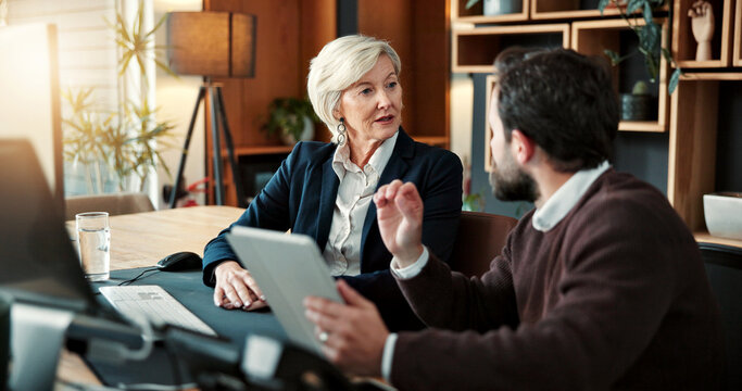 Finance, review or team in firm with tablet, funding ideas or sales pitch in partnership discussion. Briefing, people or investor with tech, budget feedback or proposal update in collaboration plan