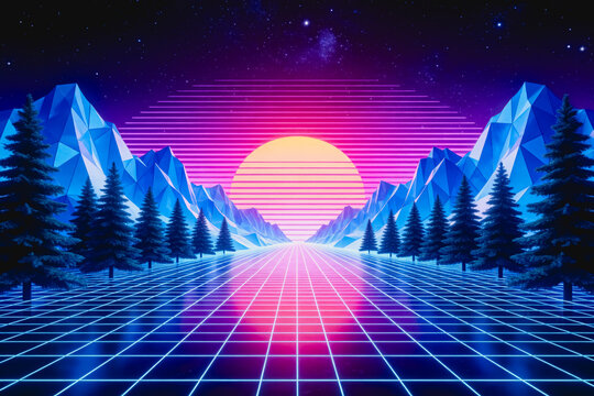 A retro-futuristic digital landscape featuring neon grid, low-poly mountains, pine trees, and a glowing sun under a starry sky.