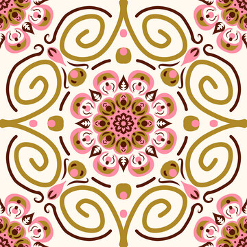 A seamless decorative pattern featuring a large central rose-like mandala surrounded by flowing olive-toned vine scrolls and pink floral accents. Ideal for textile, wallpaper, packaging, and stationer