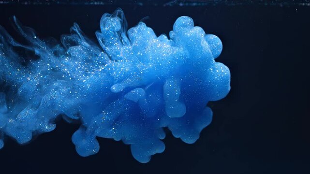 Blue ink cloud swirling in dark water with cinematic lighting and slow motion effect
