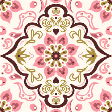 A seamless ornamental pattern featuring layered pink flowers framed within a maroon quatrefoil lattice, embellished with olive scrollwork and small heart motifs. Suitable for textile, wallpaper, ceram