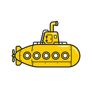Cartoon yellow submarine with periscope and portholes.