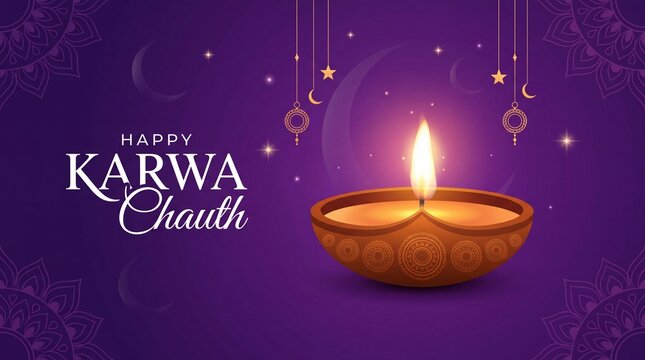 Happy Karwa Chauth celebration banner with diya and moon decorations