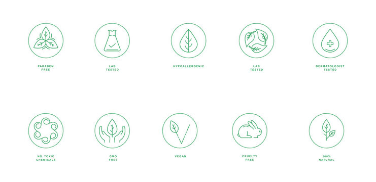 Natural Skincare Certification and Beauty Product Icon Set
