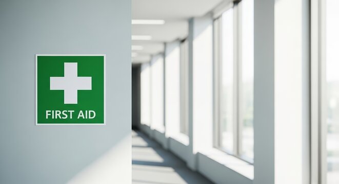 Green first aid sign with white cross mounted on white wall in bright modern hallway corridor. Emergency navigation first aid location marker for quick medical help. Concept first aid safety.