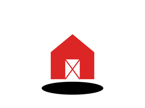 Minimalist red barn illustration icon with a simple grey shadow effect