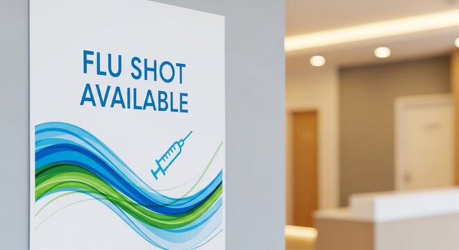 Flu shot poster displayed on wall inside modern medical clinic reception area. Informational sign promoting seasonal flu shot immunization with syringe icon. Essential campaign for flu shot poster.