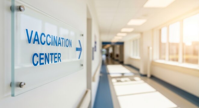 Vaccination center sign hanging in modern bright hospital corridor with glass plaque. Clear directional arrow guides visitors inside vaccination center clinic hallway. Concept vaccination center.