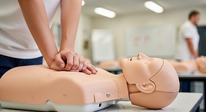 Student performing cpr training on medical mannequin in classroom setting. Hands on dummy chest during cpr training class for emergency response. Effective cpr training concept for first aid course.