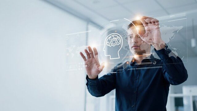 Business interacting with a futuristic holographic interface showing a human brain and data analytics in a modern corporate office environment