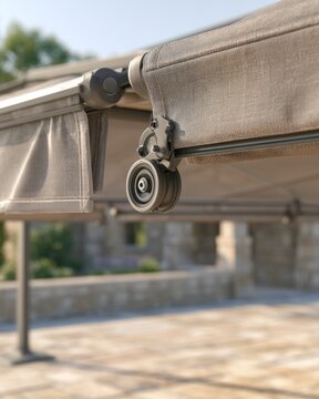 Close-up of crank gear housing on outdoor fabric canopy with patio background