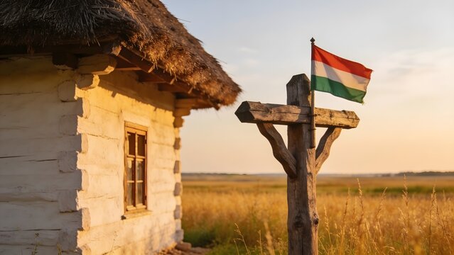 Traditional thatched-roof farmhouse on the Hortob&aacute;gy Puszta plain with a flag stand