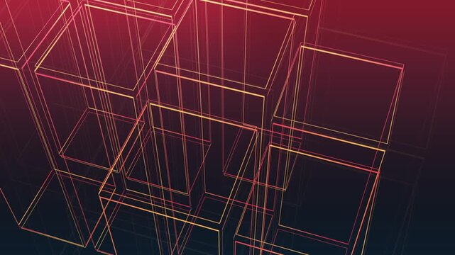 Abstract 3D wireframe cubes background with glowing orange lines and dark gradient motion.