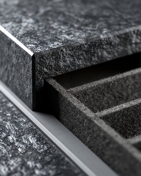 Close-up of memorial product with stone surface and felt divider tray