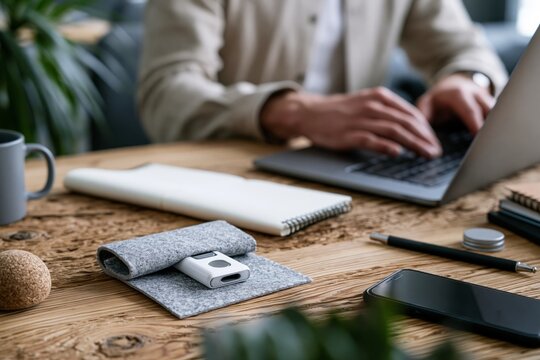 Voice Memo Recorder in Privacy Sleeve on Home Office Desk with Person Using Laptop