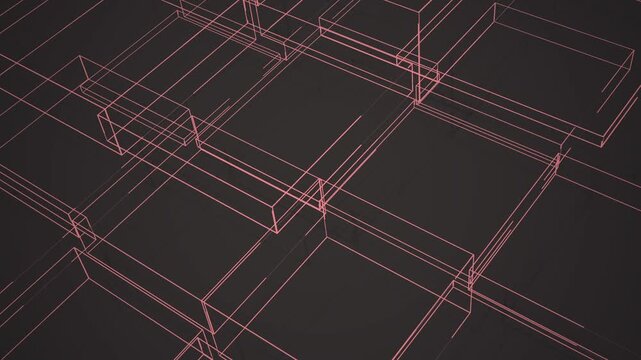 Abstract digital background with glowing red wireframe geometric shapes and lines.