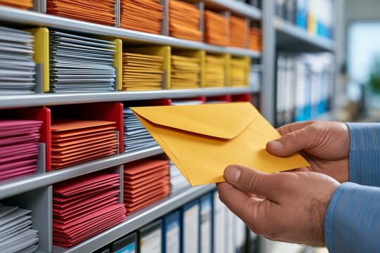 Clerk Holding Yellow Envelope in Organized Office Shelf with Color-Coded Mail