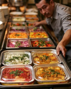 Catering coordinator arranging special diet meals in insulated carriers at banquet prep table
