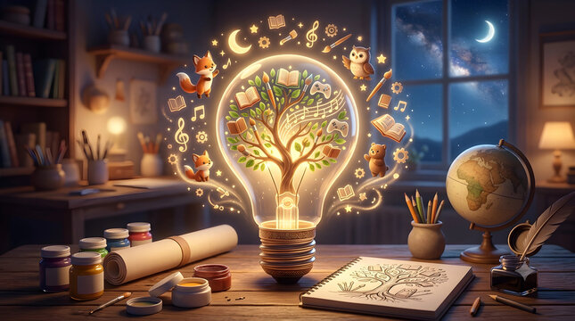 Glowing Lightbulb with Filament Growing into Tree with Leaves Shaped as Books Paintbrushes and Gamepads