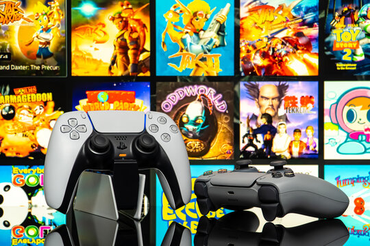August 6, 2026, Odessa, Ukraine.  Sony PS5 standard and 30th Anniversary controllers with classic games back