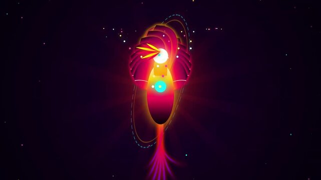 Abstract glowing cosmic entity in dark space, futuristic digital motion render with vibrant neon pink and orange light rays
