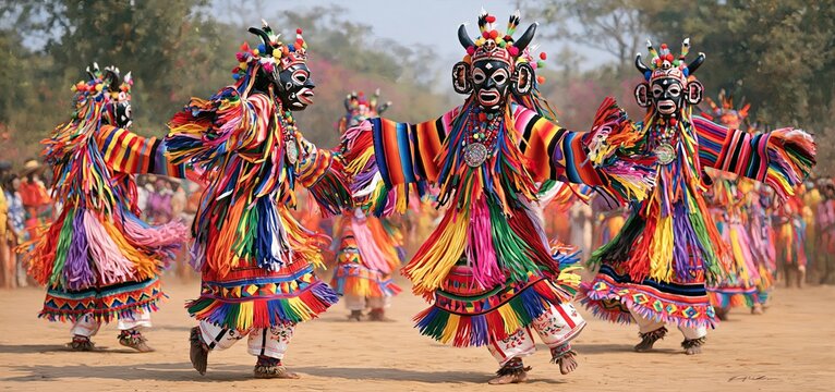 During a lively outdoor festival, dancers in vibrant tribal masks and costumes perform spirited ritual movements.