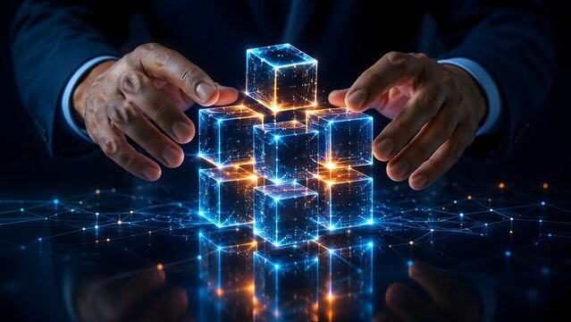 Expert hands engaging with glowing data cubes, symbolizing advanced technology, blockchain, and intricate network connections for future global business solutions.