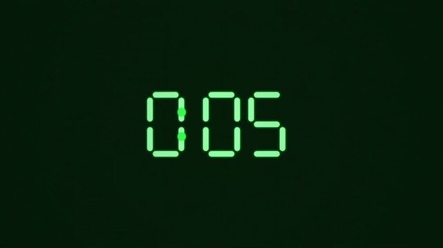 Digital countdown timer green led numbers counting down on dark background motion graphic