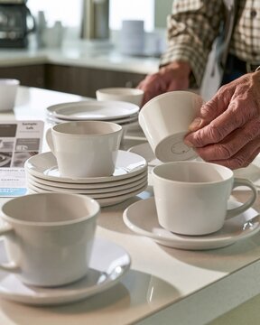 Reviewing Reusable Office Cup Samples on Pantry Counter for Breakroom Order