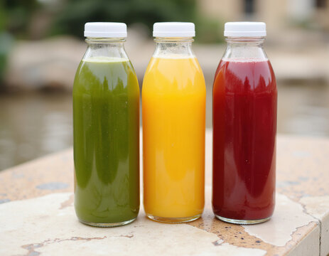 Row of Three Glass Bottles with Green, Yellow, and Red Cold Pressed Detox Juices