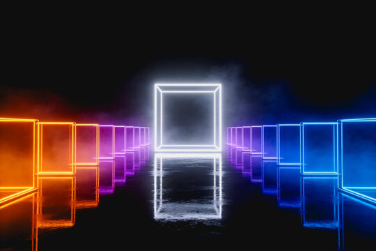 A 3D rendered scene features glowing neon cube frames in gradient colors arranged along a central axis against a dark misty background.