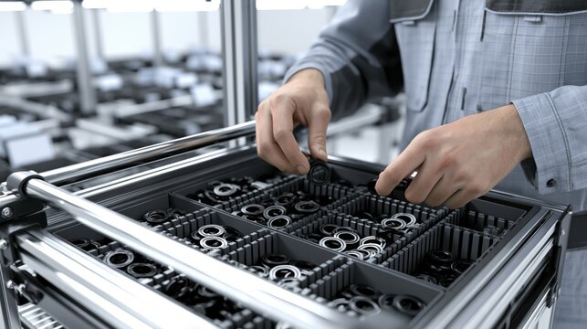 Worker Sorting Black Rubber Gaskets into Divided Bins on Rolling Cart