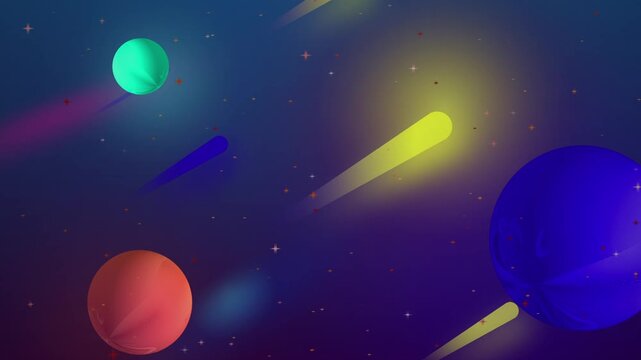 Abstract space background with colorful planets and glowing comets in deep galaxy motion.